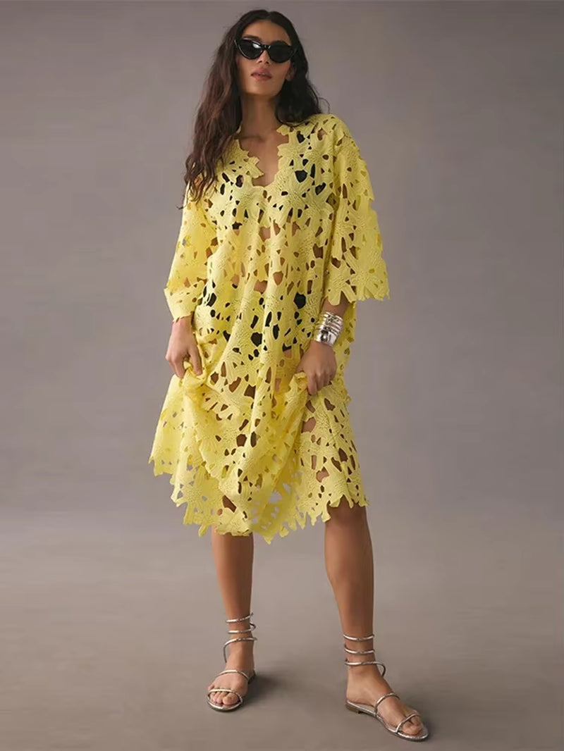 Seductive Elegance: Sexy Lace Hollow Out V-Neck Beach Dress – Faceless Elegance