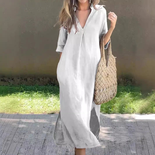 Breezy Elegance™ Summer Cotton Linen Dress – Casual V-Neck, Flowy Fit, Plus Size Comfort for Women