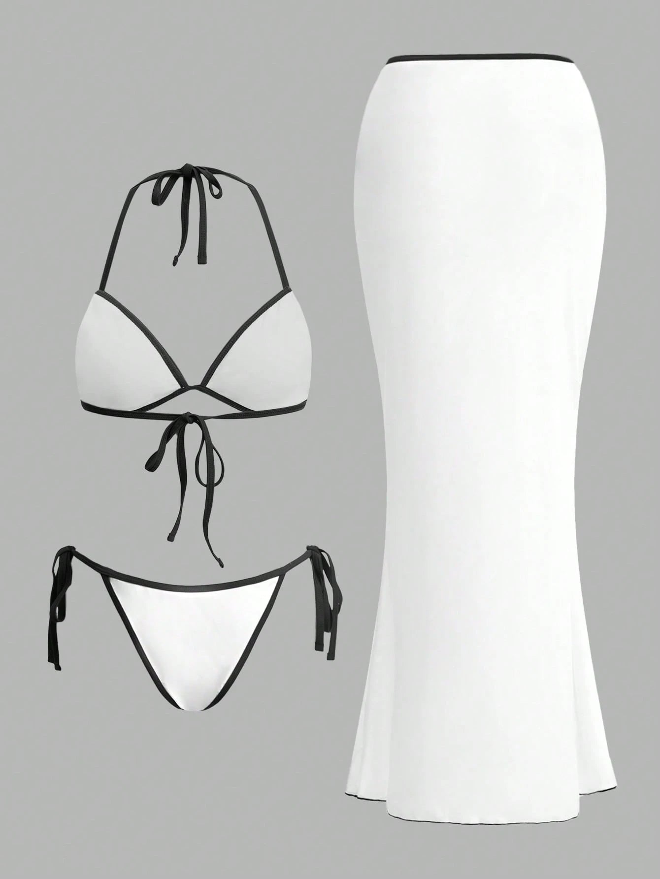 Elenzga 3Pcs/Set Black & White Contrast Bikini Swimsuit Set with Ruffled Skirt, Elegant & Sexy Casual Swimwear for Spring/Summer Beach Party