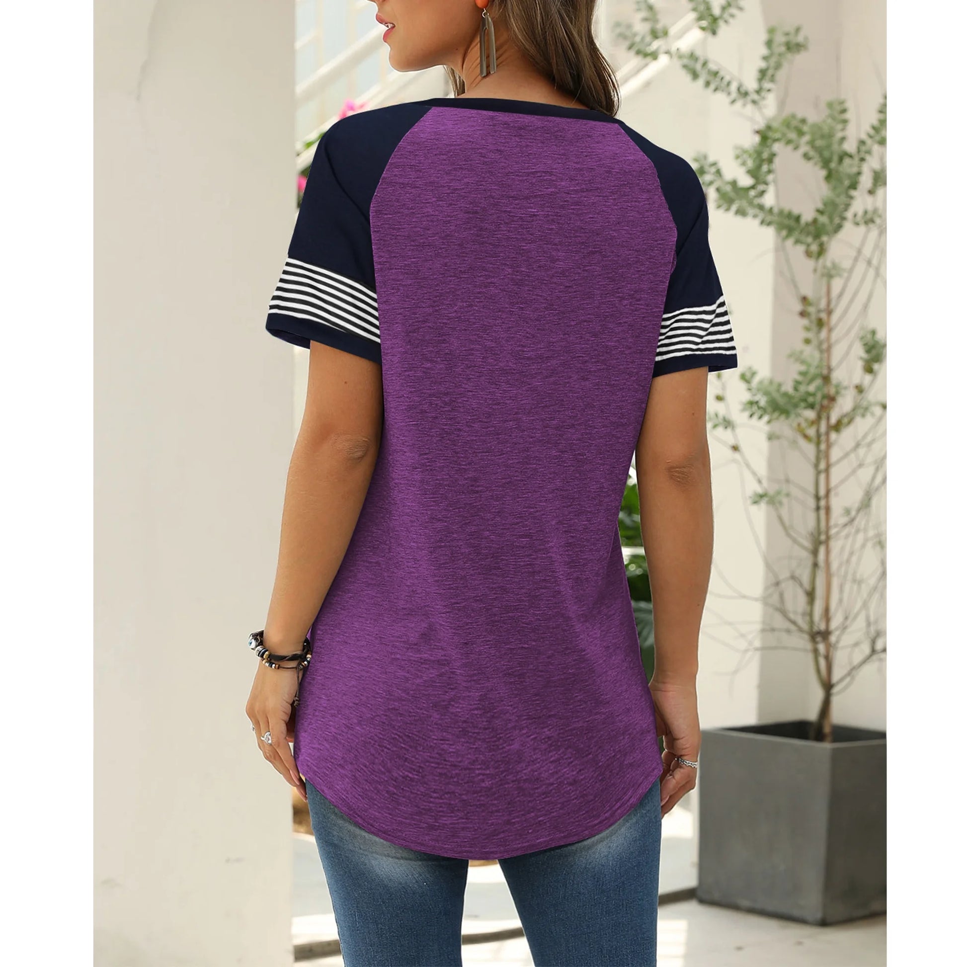 Womens Summer Tops Short Sleeve Shirts for Women Trendy Graphic Tees Casual Tunic Purple Top Crewneck Striped T Shirt