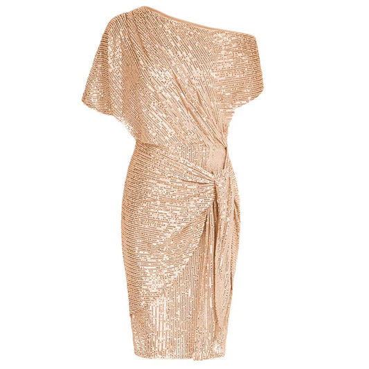 GK Cocktail Dresses for Women Sequined Party Dress Summer Ruched Short Sleeve Asymmetric off Shoulder Bodycon Dress Vestidos