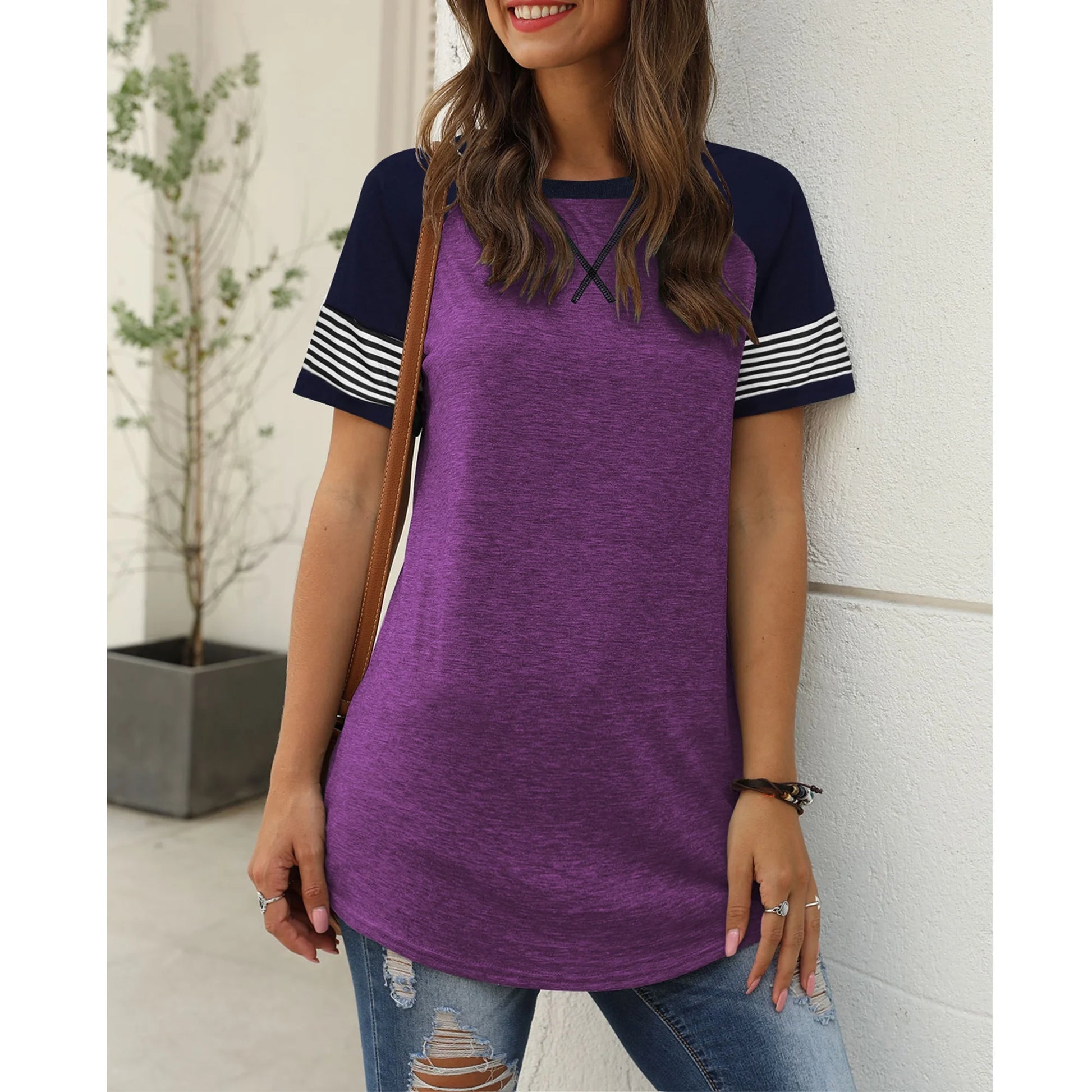 Womens Summer Tops Short Sleeve Shirts for Women Trendy Graphic Tees Casual Tunic Purple Top Crewneck Striped T Shirt