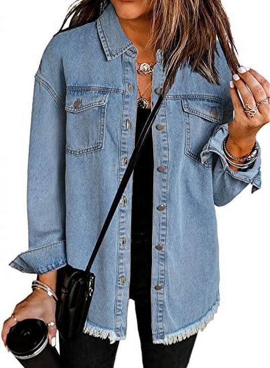 plus Size Denim Jackets for Women Long Sleeve Oversized Loose Jean Coat Sky Blue XL Female