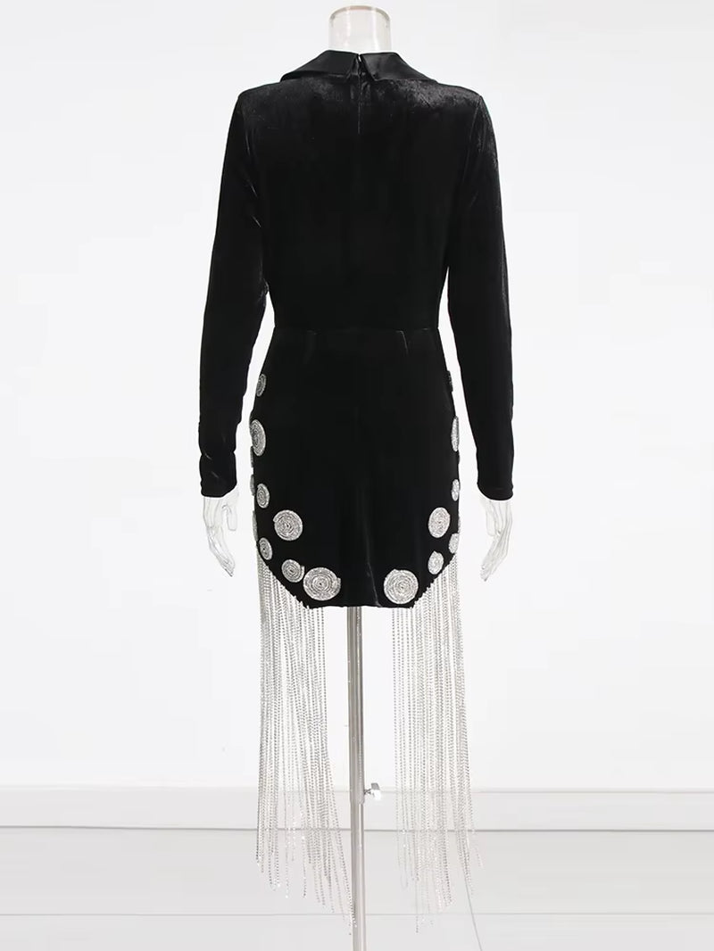 LuxeLink™ Chain Patchwork Mini Dress – Deep V-Neck, High Waist Elegance with Slimming Fit and Long Sleeves