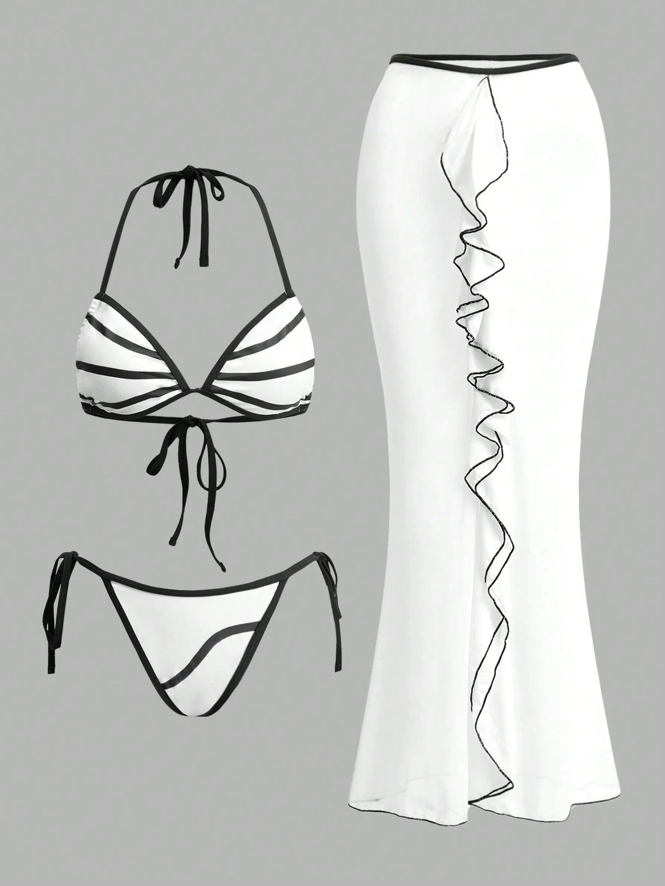 Elenzga 3Pcs/Set Black & White Contrast Bikini Swimsuit Set with Ruffled Skirt, Elegant & Sexy Casual Swimwear for Spring/Summer Beach Party