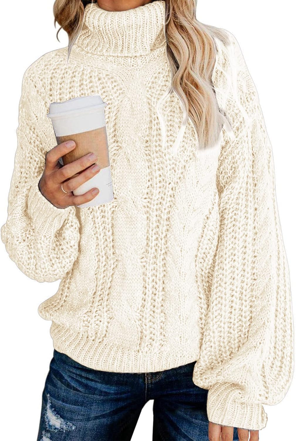 Chic Ballon Sleeve Winter Turtleneck Chunky Sweater Slouchy Oversized ...