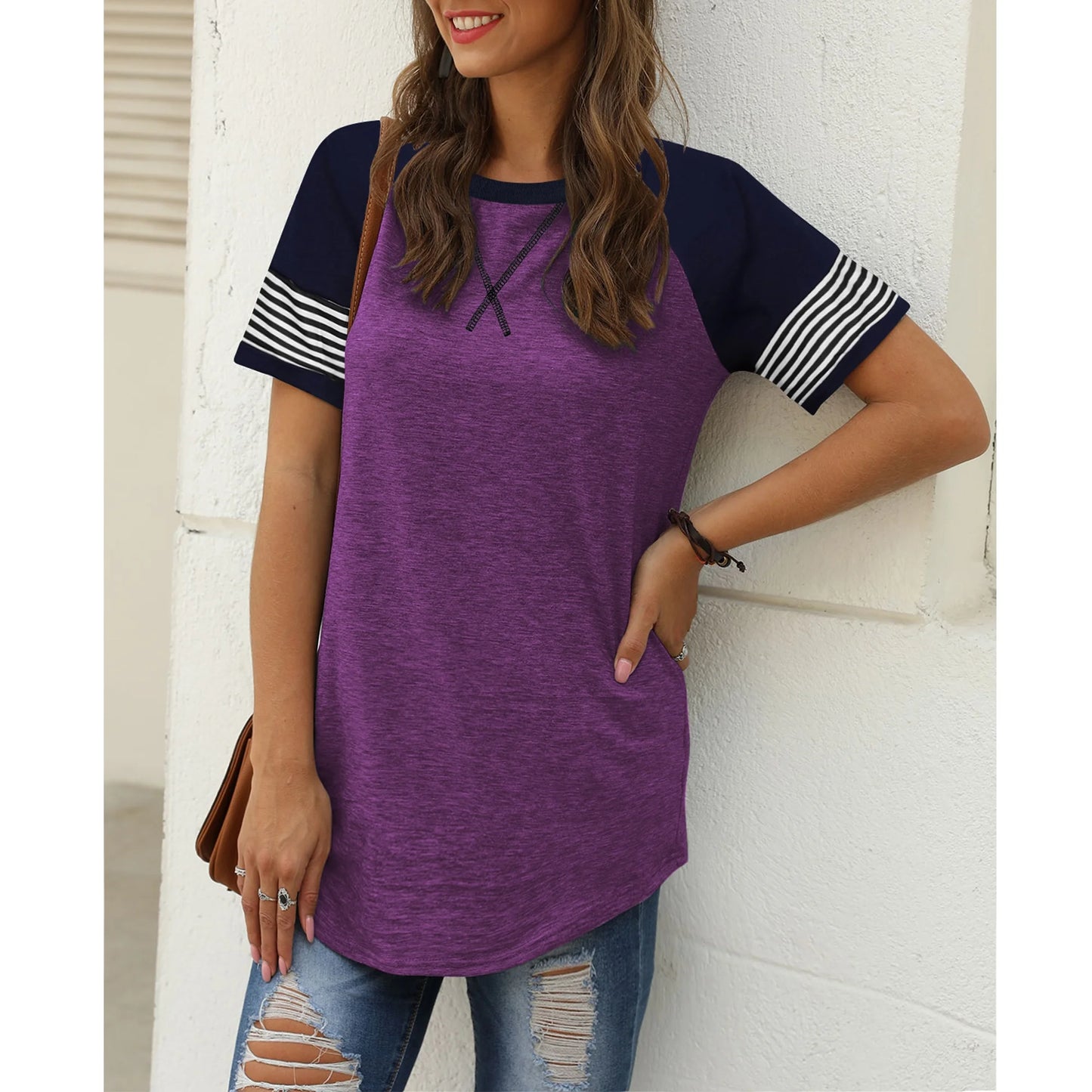 Womens Summer Tops Short Sleeve Shirts for Women Trendy Graphic Tees Casual Tunic Purple Top Crewneck Striped T Shirt