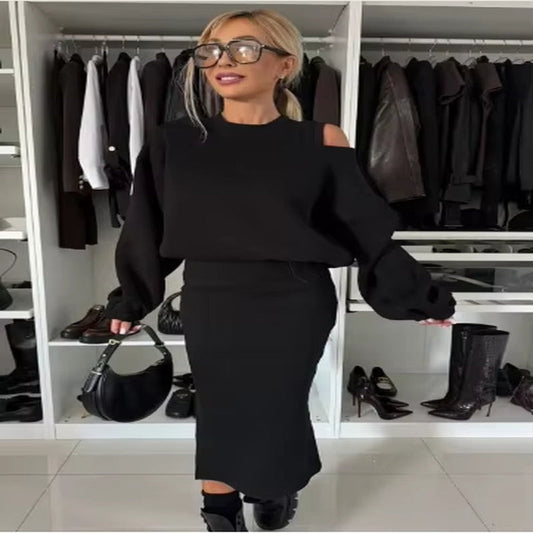 Elegant Solid Sport Outfits Fashion O-Neck Sleeveless Vest Long Skirt & Sweatshirt Suits Women Causal Bat Sleeve Loose 2Pc Sets