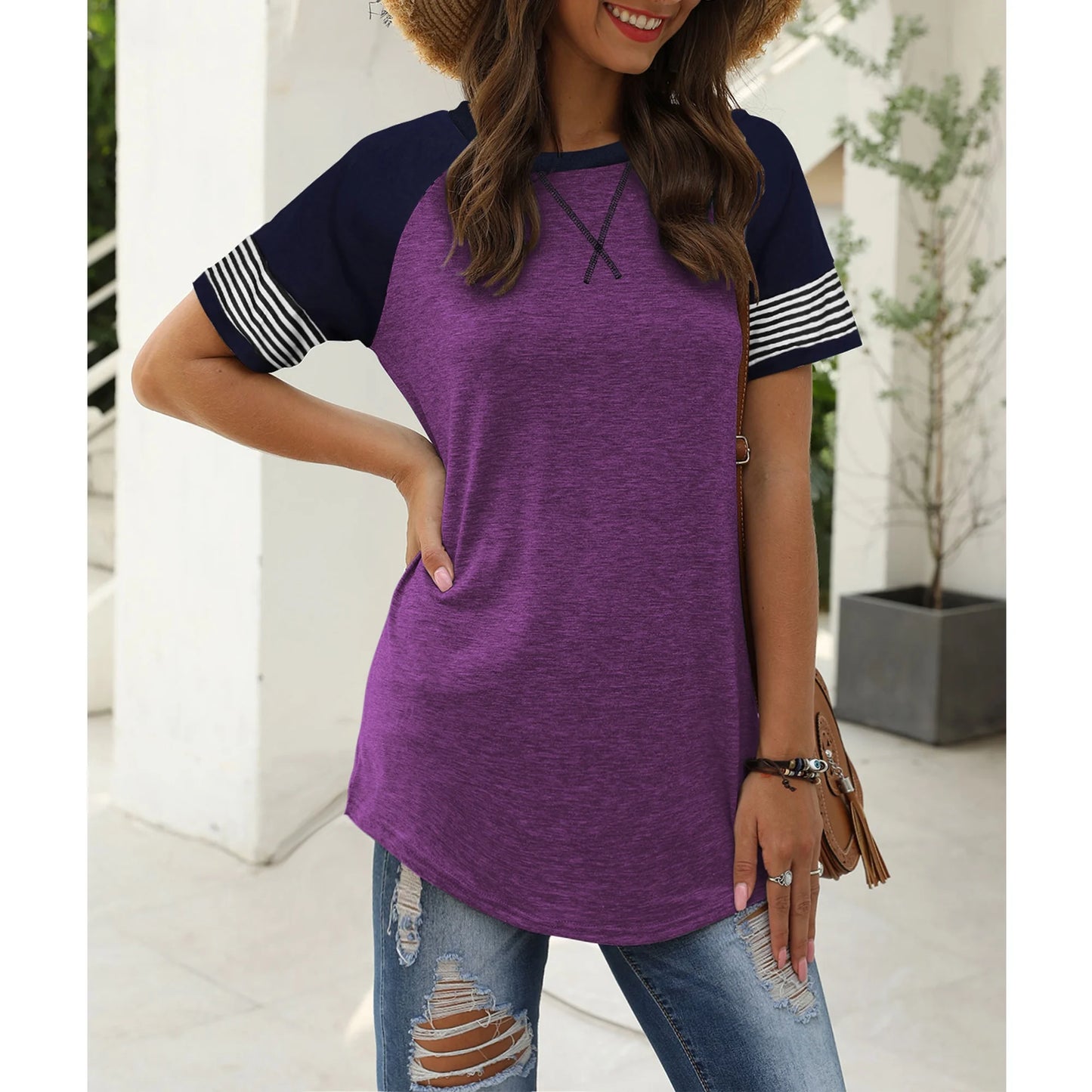 Womens Summer Tops Short Sleeve Shirts for Women Trendy Graphic Tees Casual Tunic Purple Top Crewneck Striped T Shirt