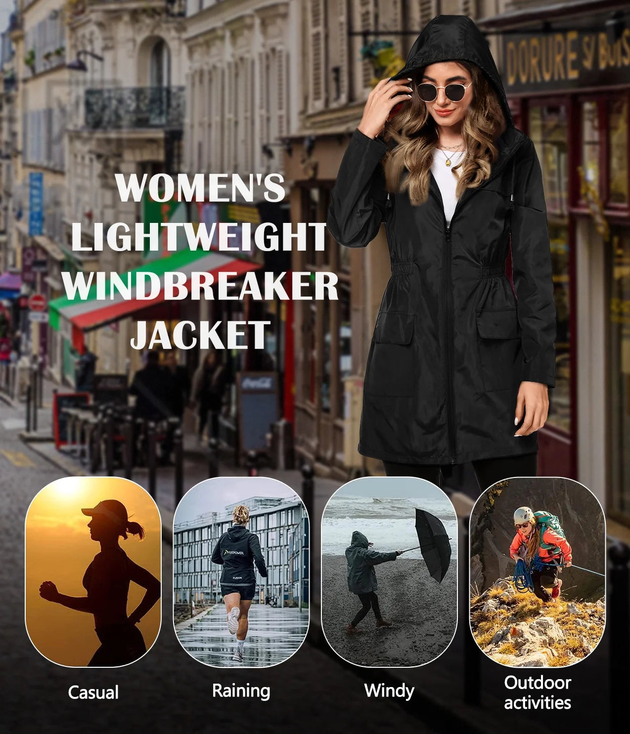 Womens Lightweight Jackets Windbreaker Jackets Woman Long Waterproof Hooded Raincoat with Pockets