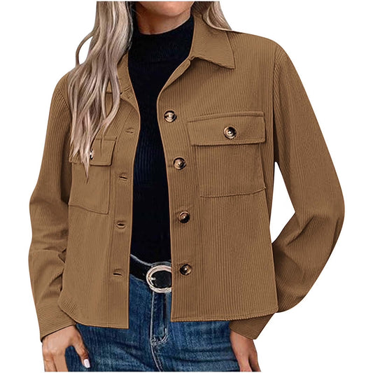 Short Corduroy Jackets for Women Casual Lapel Button down Long Sleeve Shacket Warm Soft Shirt Jackets with Chest Pocket Solid Color Elegant Work Coats Autumn Winter Outerwear