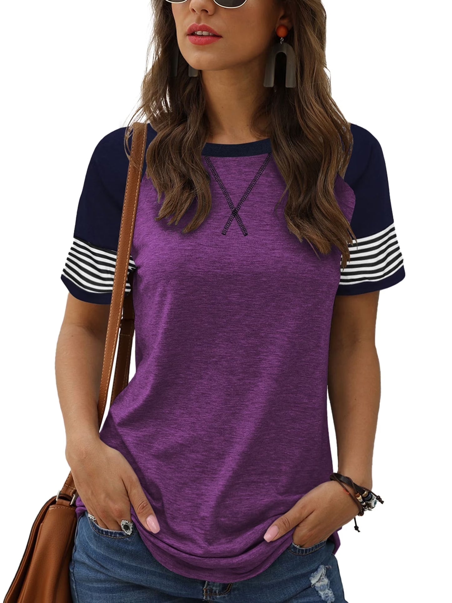 Womens Summer Tops Short Sleeve Shirts for Women Trendy Graphic Tees Casual Tunic Purple Top Crewneck Striped T Shirt
