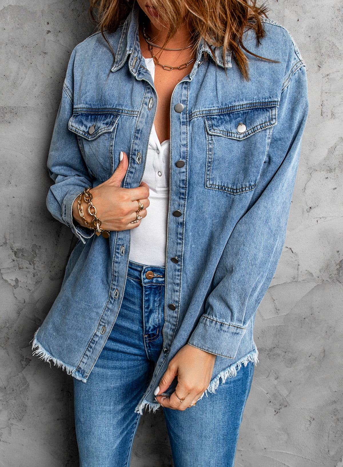 plus Size Denim Jackets for Women Long Sleeve Oversized Loose Jean Coat Sky Blue XL Female